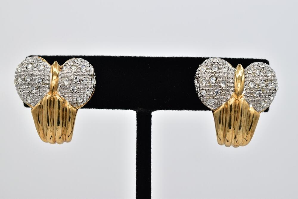 Vintage NOS Gold Silver Pave Rhinestone Crystal Bow Clip On Earrings 1980s A29